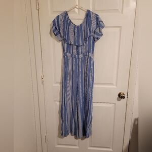THML stripped print ruffled trim jumpsuit
